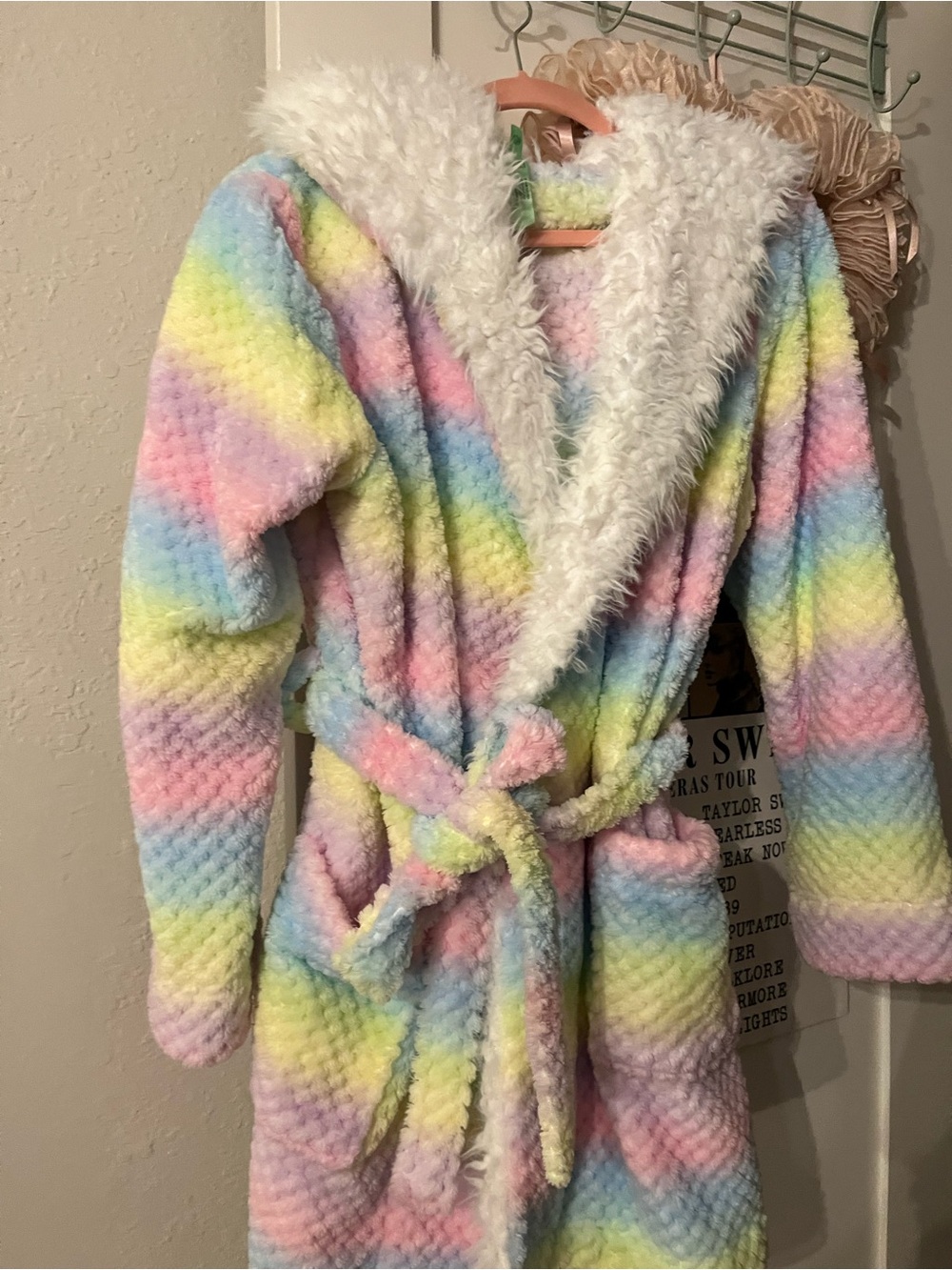 Rainbow Plush/Sherpa Hooded Bathrobe - Pastel Multicolor